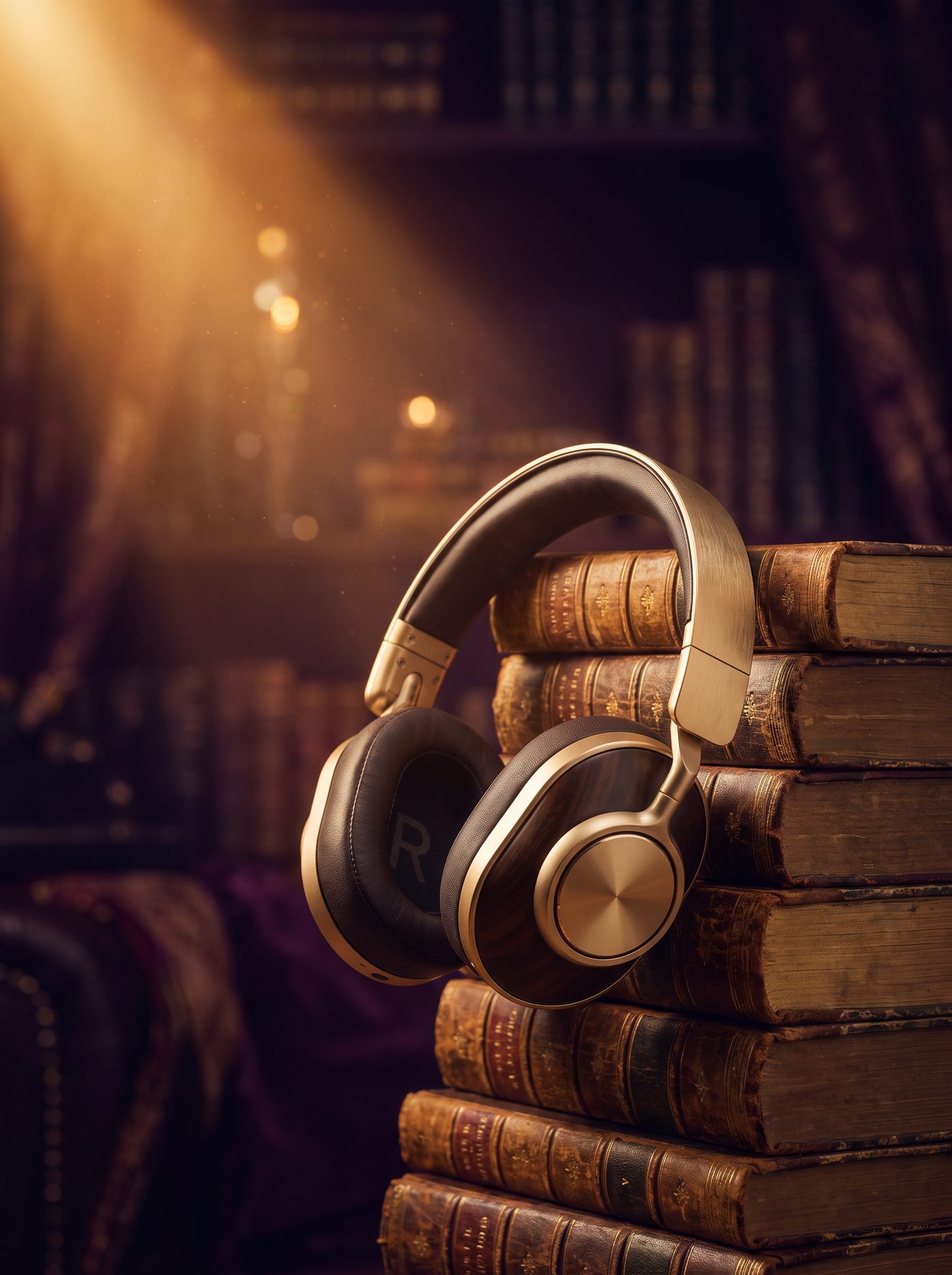 Fones de ouvido dourados apoiados sobre uma pilha de livros clássicos, o combo de ouvir e ler